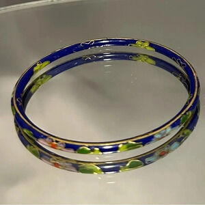 💎Women’s Vintage Cloisonné Hand Painted Gold Lines Floral Bangle Bracelet 8”